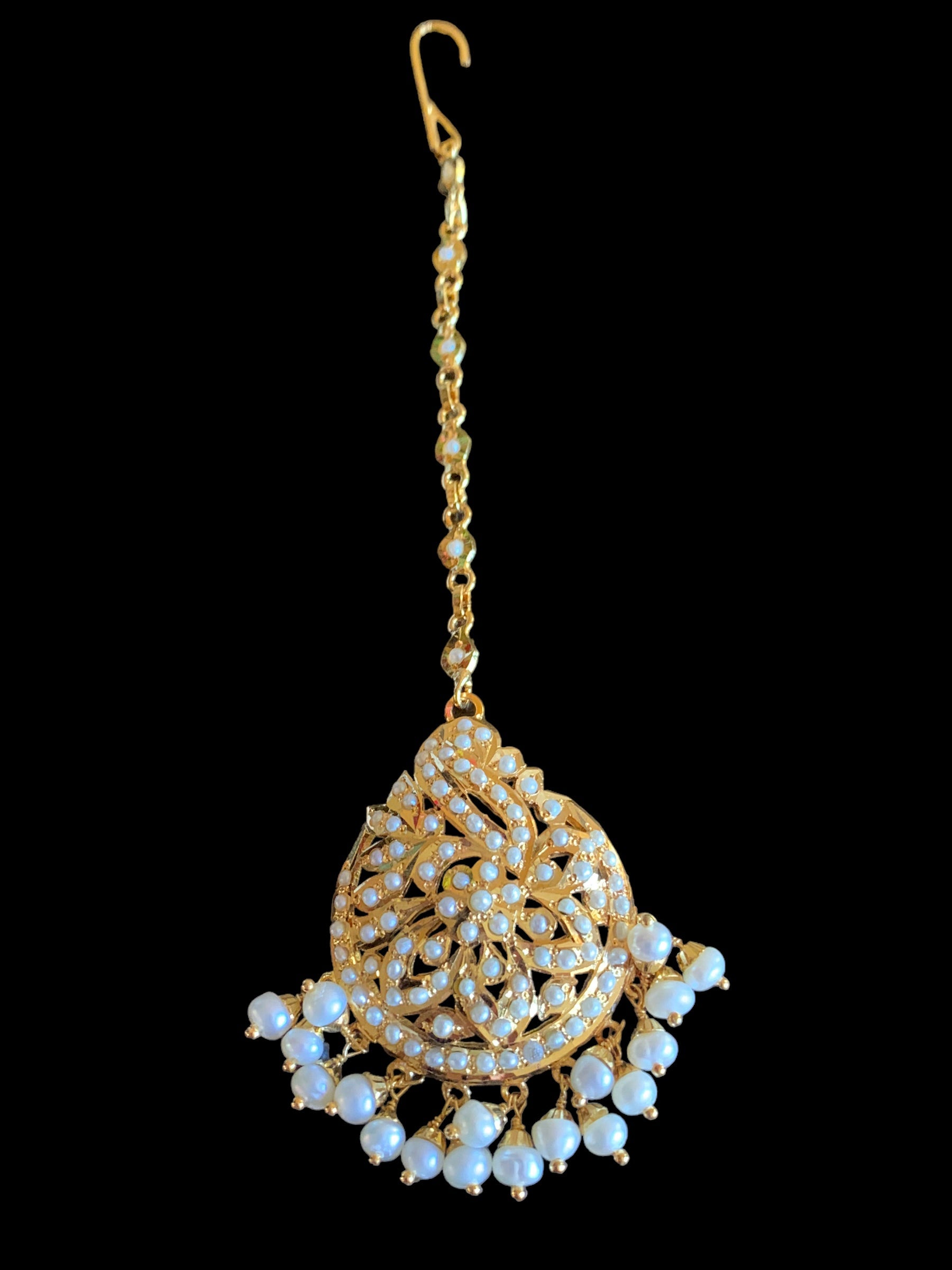 Gold plated silver tikka in fresh water pearls ( SHIPS IN 4 WEEKS )