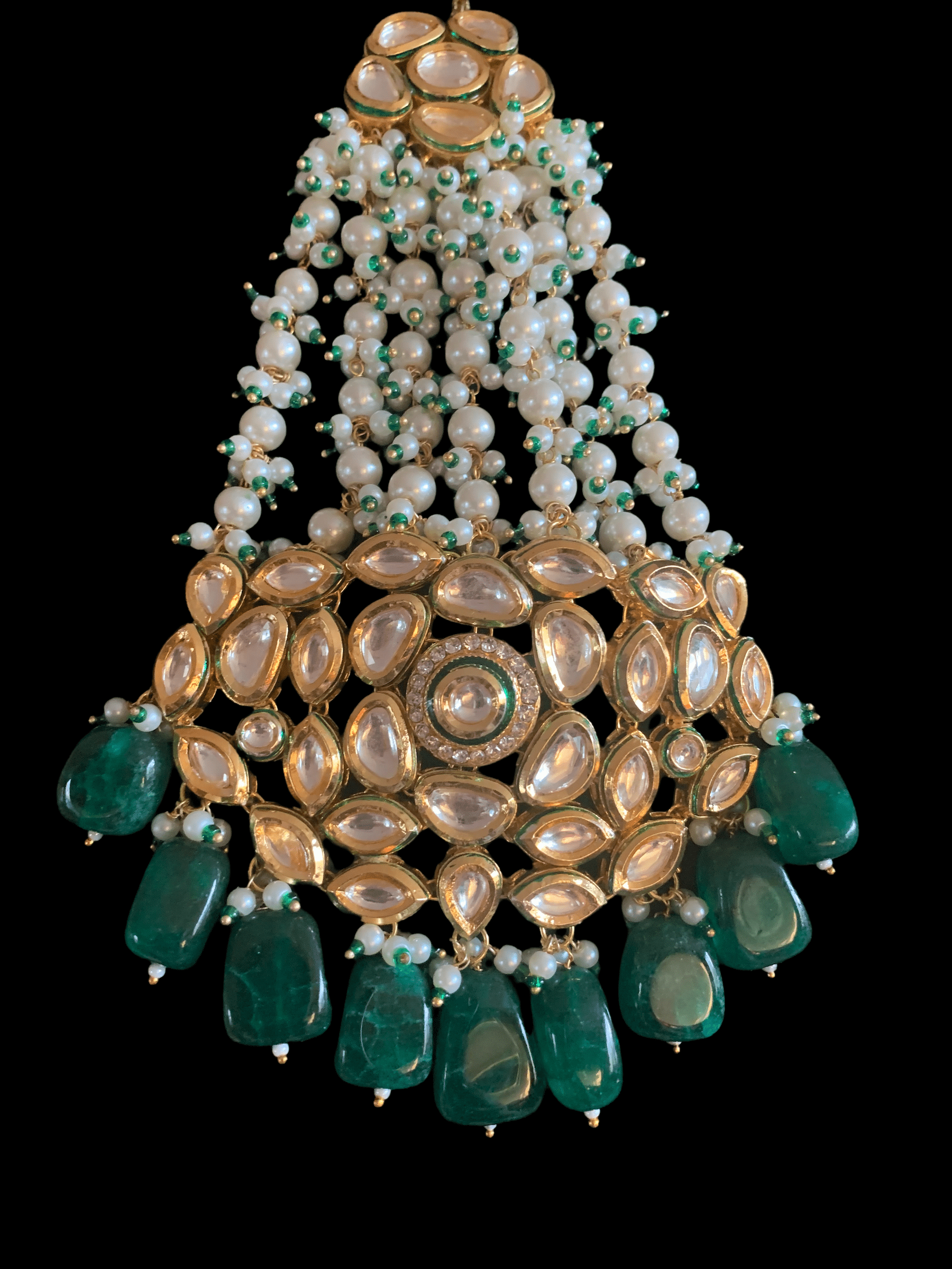 Trikha pearl kundan Jhoomar with green beads  ( SHIPS IN 4 WEEKS )