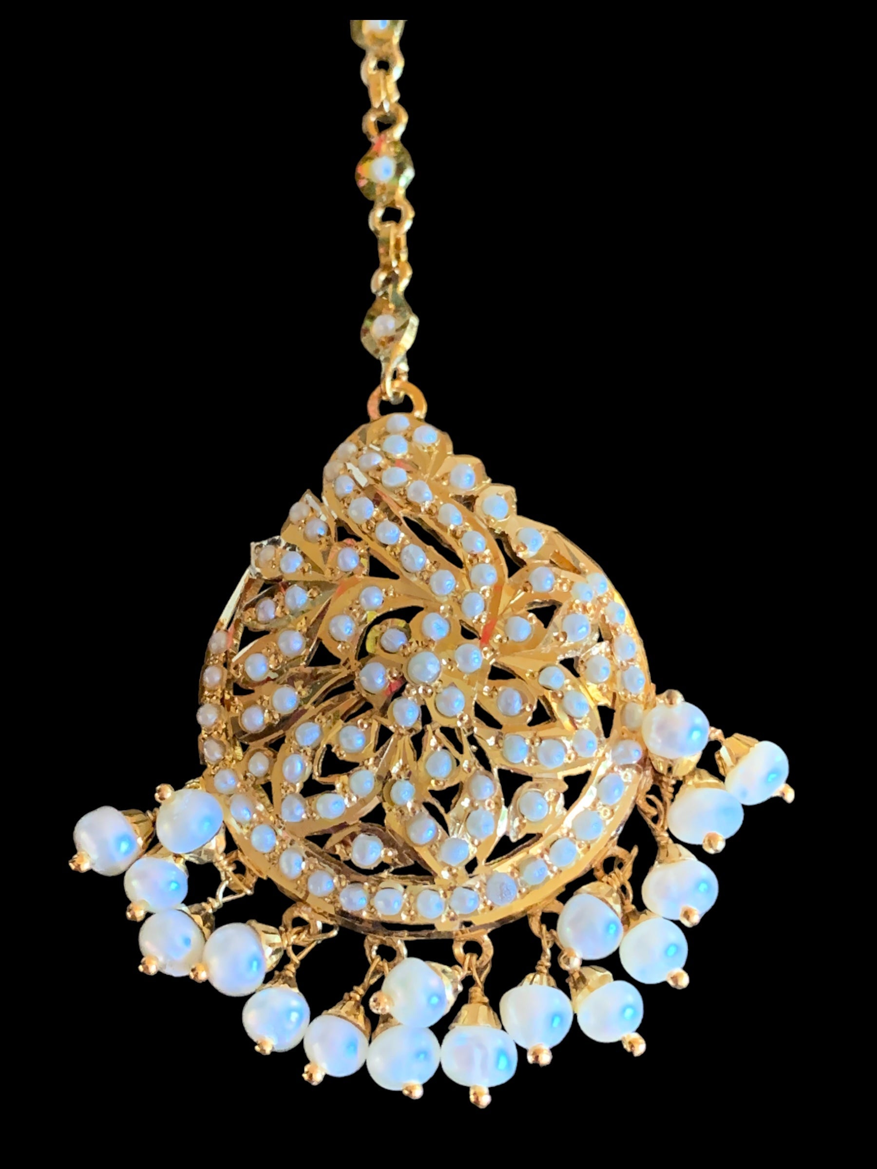Gold plated silver tikka in fresh water pearls ( SHIPS IN 4 WEEKS )