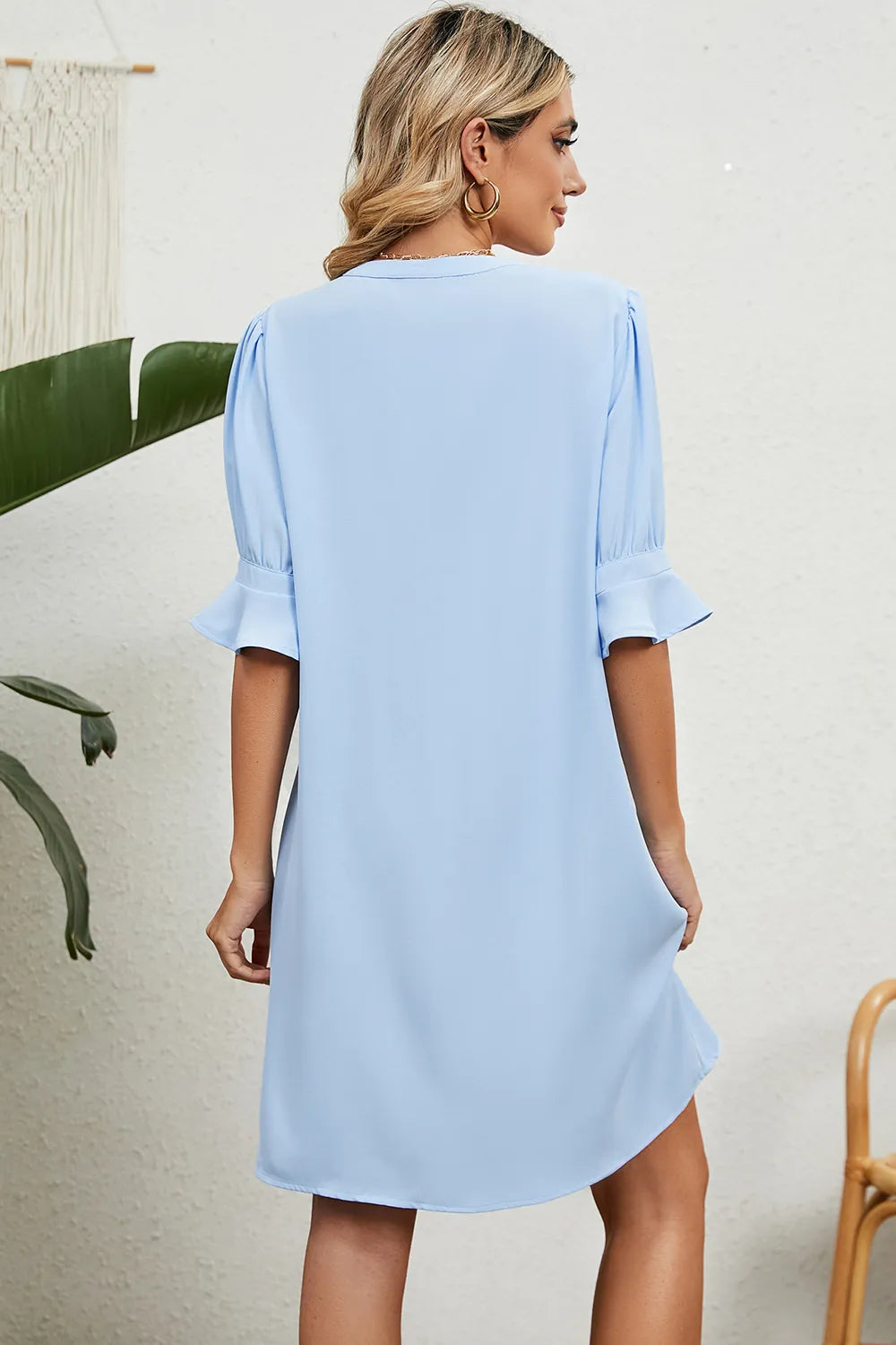 Solid color V-neck loose pleated five quarter sleeve dress for women