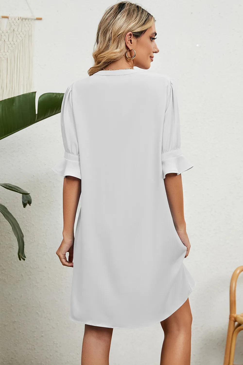 Solid color V-neck loose pleated five quarter sleeve dress for women